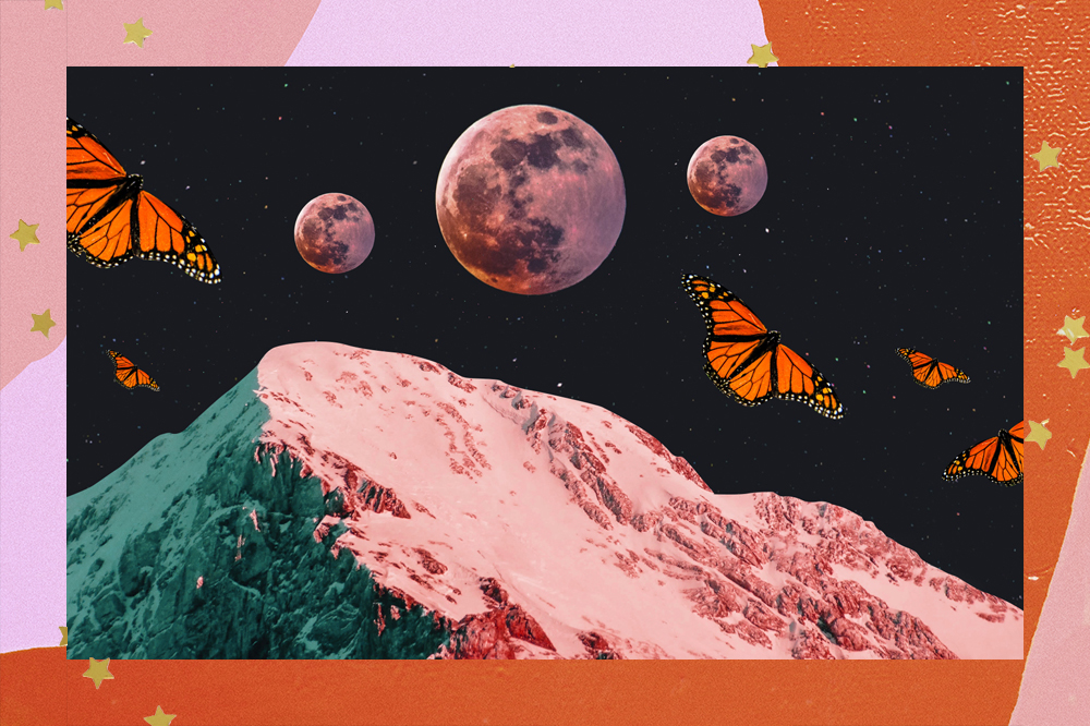ilustração de lua, planetas e borboletas horoscopo