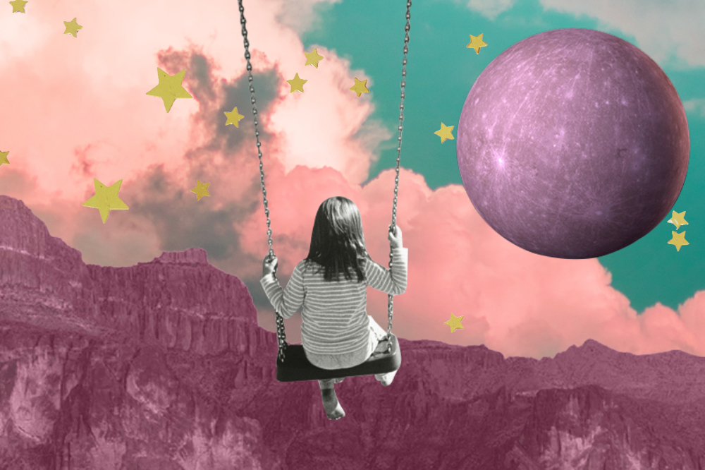 ilustração de uma menina em um balanço de frente para a lua