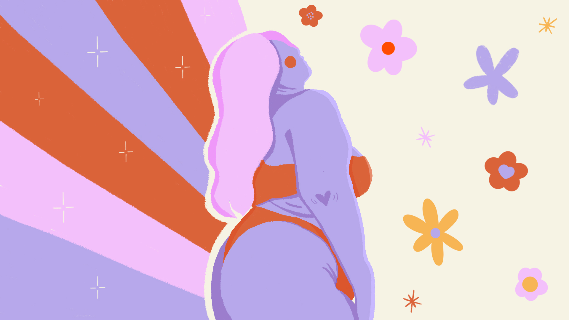 Ilustração da lateral do corpo de uma garota gorda. À direita dela, há uma estampa de florzinhas no fundo e, à esquerda, listras em laranja, rosa e lilás. O cabelo dela é rosa e ela está de biquíni laranja e seu corpo é lilás.