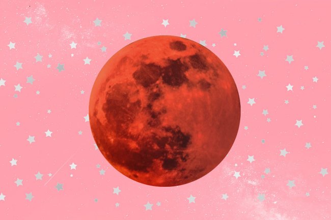 illustration of orange moon surrounded by stars on pink background