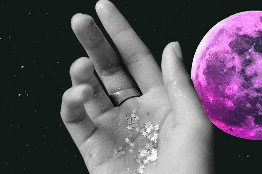 ilustração de um planeta e uma mão coberta com glitter