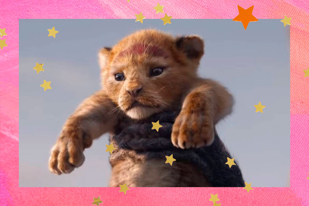 Imagem de filhote de leão em live-action de O Rei Leão; a margem é uma textura em tons de rosa com branco; estrelas amarelas e laranja decoram a imagem