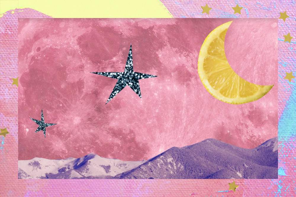 ilustração de estrela, montanha e lua em formato de laranja