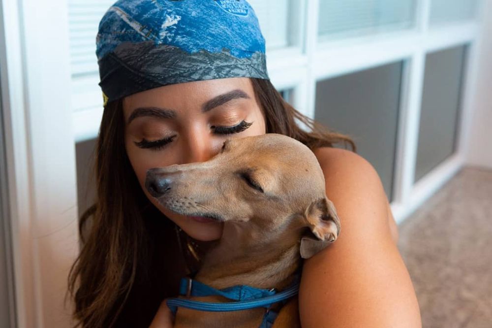Anitta com seu cachorro de bandana azul