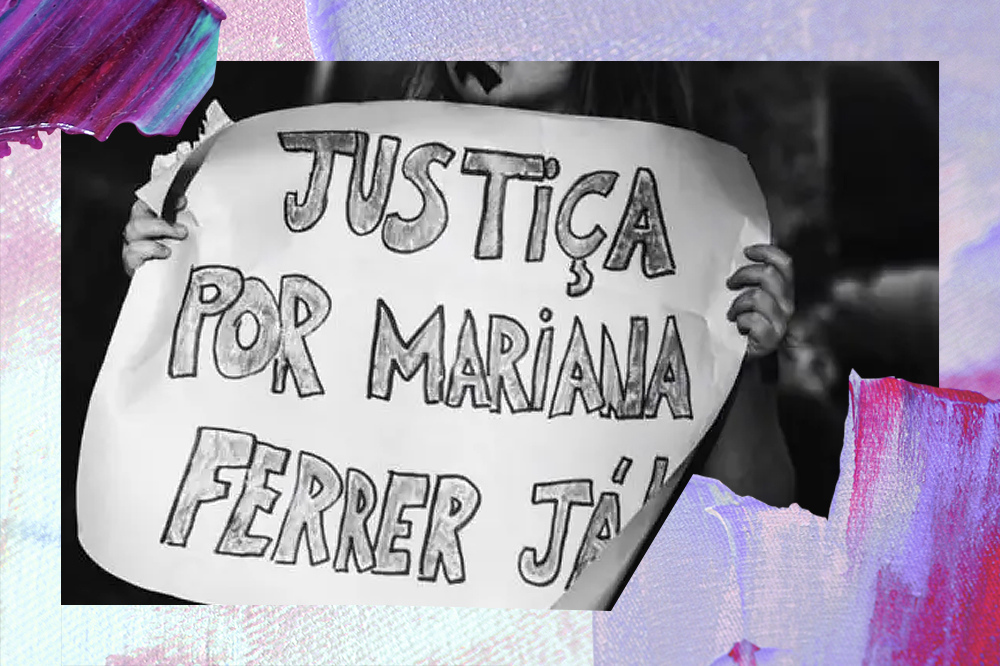 Cartaz com a frase "Justiça por Mari Ferrer já!" é levantado por jovem.