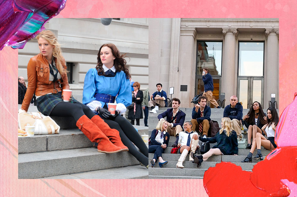 Montagem com imagem de PERSONAGENS DE gOSSIP gIRL NA ESCADARIA DO met