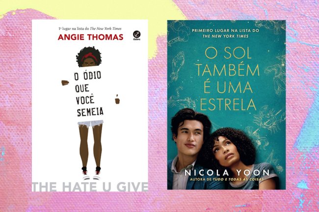 Capas dos livros O Ódio que Você Semeia e O Sol Também É Uma Estrela em um fundo de textura nas cores rosa, amarelo e azul