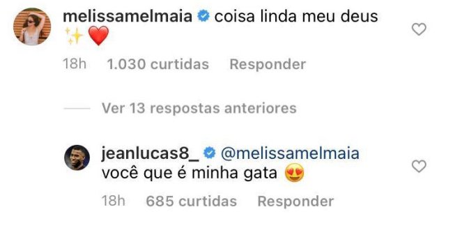 Mel Maia e Jean Lucas trocam comentários carinhosos nas redes sociais