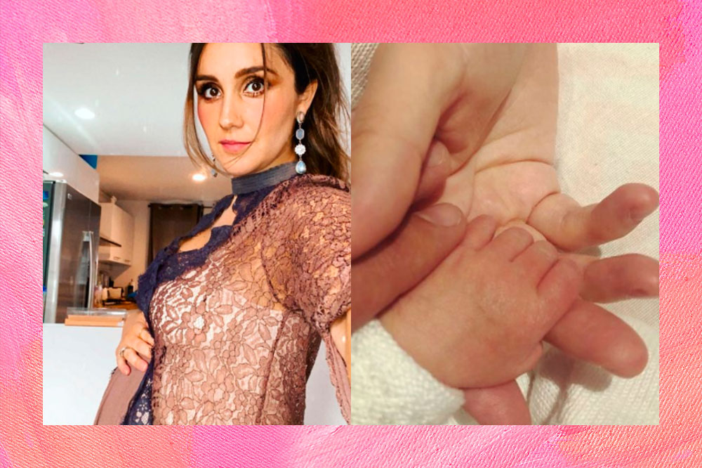 À esquerda, Dulce Maria grávida. À direita, ela segurando a mão da filha Maria Paula.