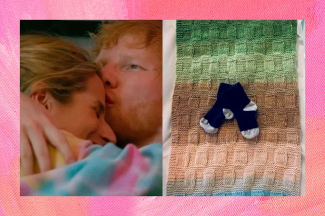 Ed Sheeran e CHerry Seaborn abraçados à esquerda. À direita, post do Instagram de Ed, com uma foto de meias de bebê, dando boas vindas a filha Lyra