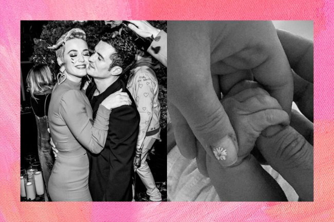katy-perry-orlando-bloom Katy Perry e Orlando Bloom abraçados à esquerda. E, à direita, a mão de Katy Perry segurando a mãozinha da filha recém nascida Daisy Dove