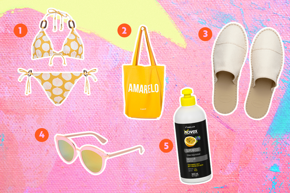 produtos-aproveitar-verao-01 Biquíni, bolsa, chinelo mule, óculos de sol e creme para cabelo para usar no verão