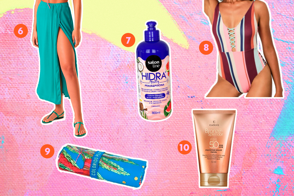 produtos-aproveitar-verao-02 Saída de praia, creme de cabelo, maiô, toalha e protetor solar para usar no verão