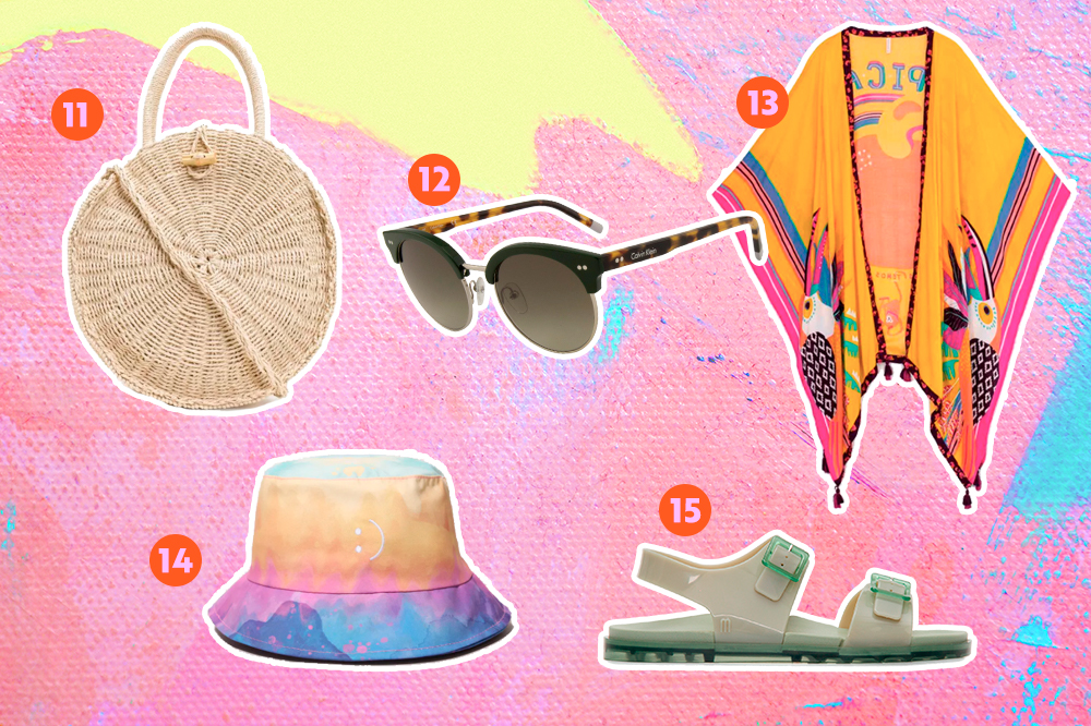 produtos-aproveitar-verao-03 Bolsa de palha, óculos de sol, kimono, bucket hat e sandália para usar no verão