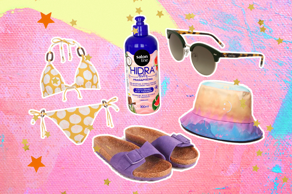 Produtos como biquíni, creme de cabelo, sandália, óculos de sol e bucket hat para o verão