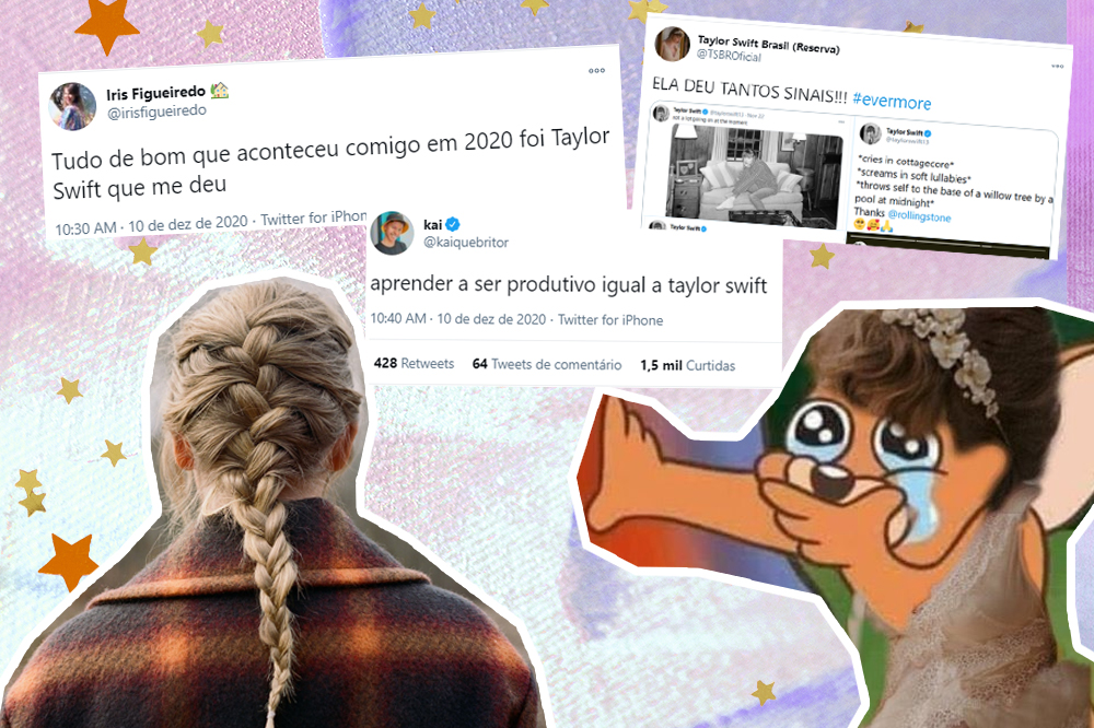 Memes sobre o álbum surpresa da Taylor Swift intitulado evermore: "Tudo de bom que aconteceu comigo em 2020 foi Taylor Swift que me deu" e "aprender a ser produtivo igual a Taylor Swift"