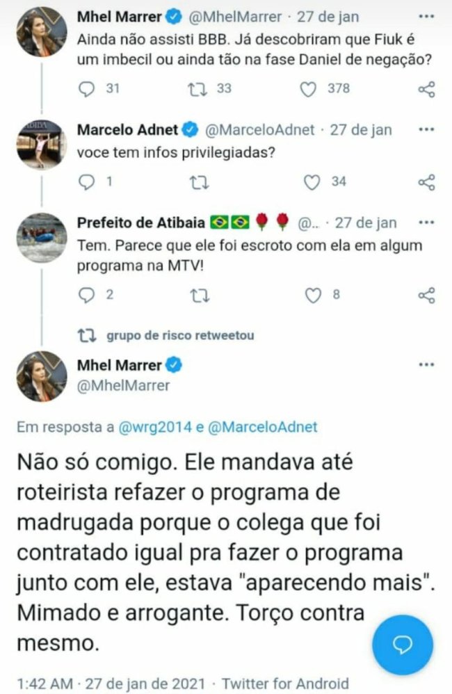 twitter Mhel Marrer falando mal de Fiuk