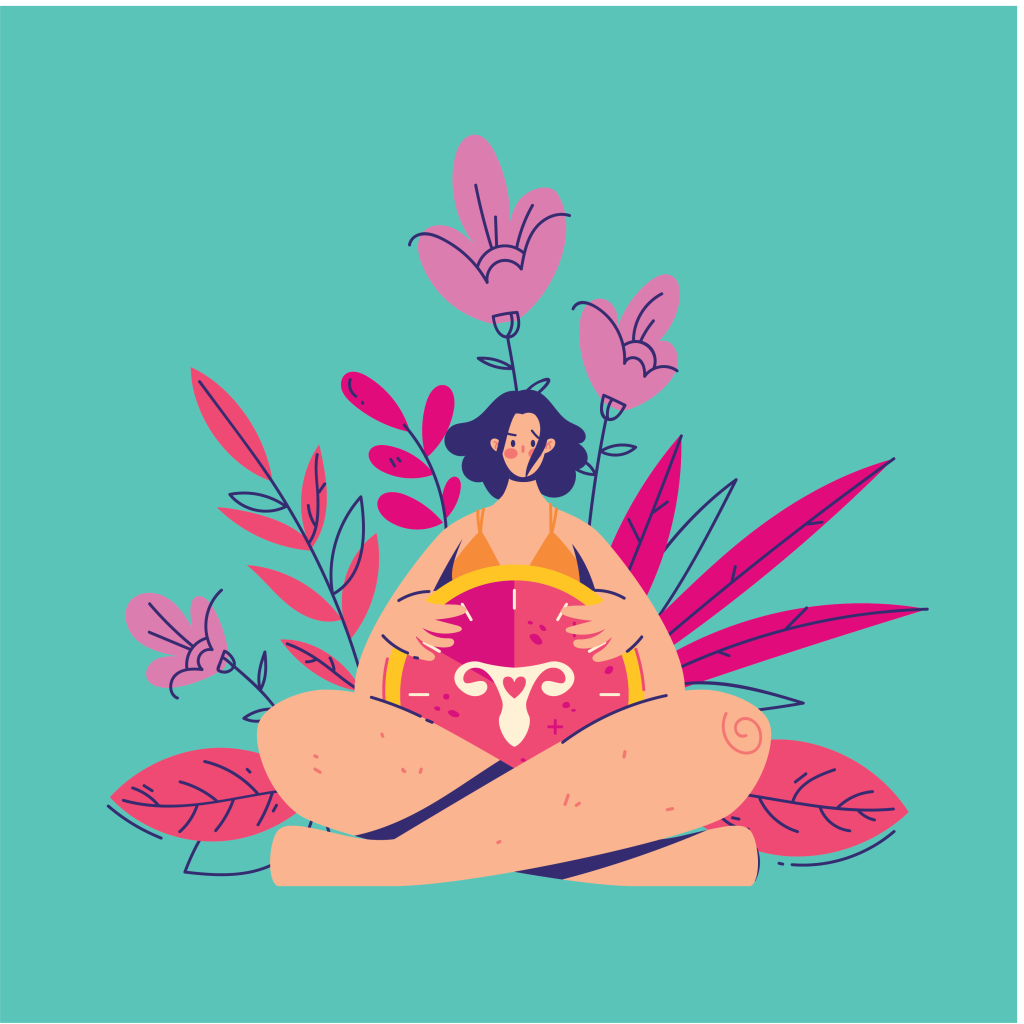 ilustração de mulher sentada com as pernas cruzadas. Em sua barriga está o desenho do aparelho reprodutor feminino