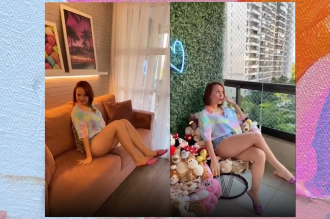 apartamento-larissa-manoela-rio-de-janeiro Larissa Manuela sentada em sua sala de estar e outra foto da atriz nas poltronas de ursinho em sua varanda