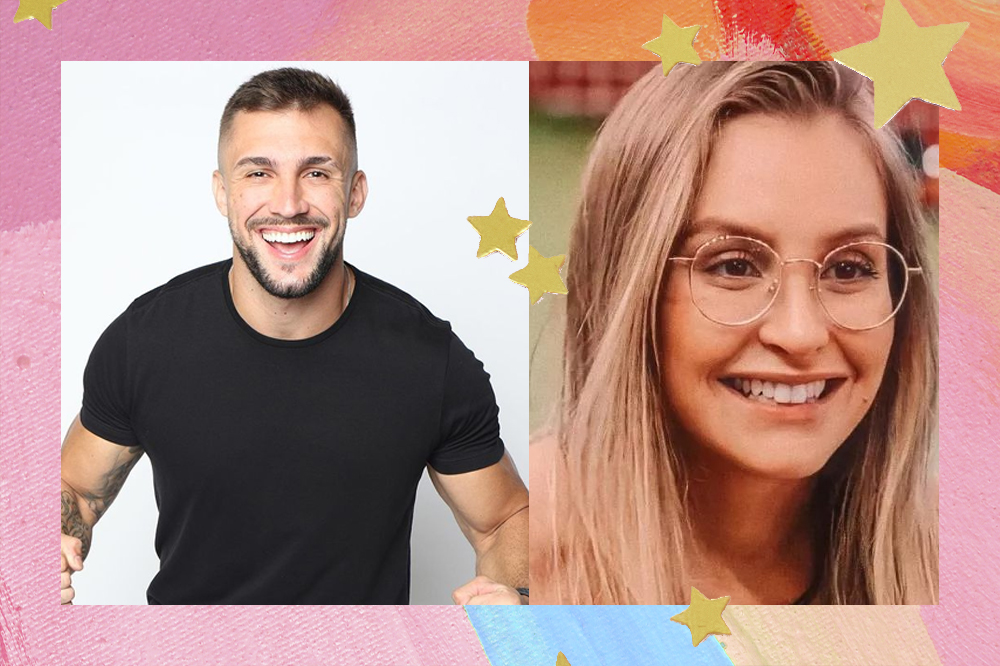 montagem mostra Arthur de um lado e Carla Diaz do outro. Ambos estão sorrindo