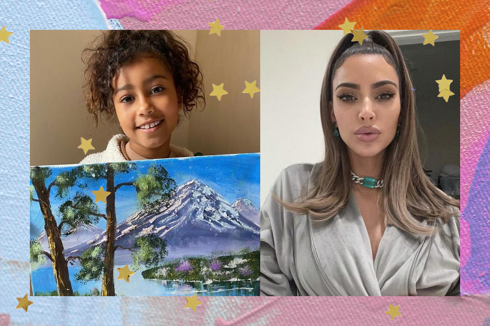 North West segurando sua pintura; Kim Kardashian