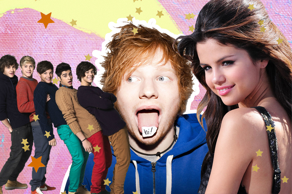 montagem mostra One Direction em fila, Ed Sherran de língua de fora e Selena Gomez de lado sorrindo