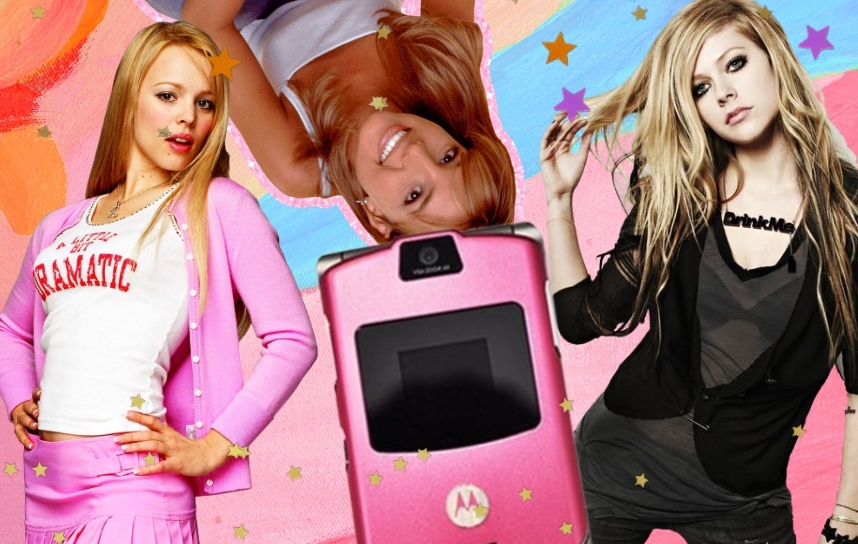colagem com fotos de Regina George, Britney Spears e Avril Lavigne junto com um aparelho de celular V3
