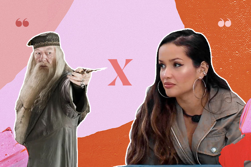 colagem com uma imagem de Dumbledore e outra de Juliette. Entre eles, há uma letra X