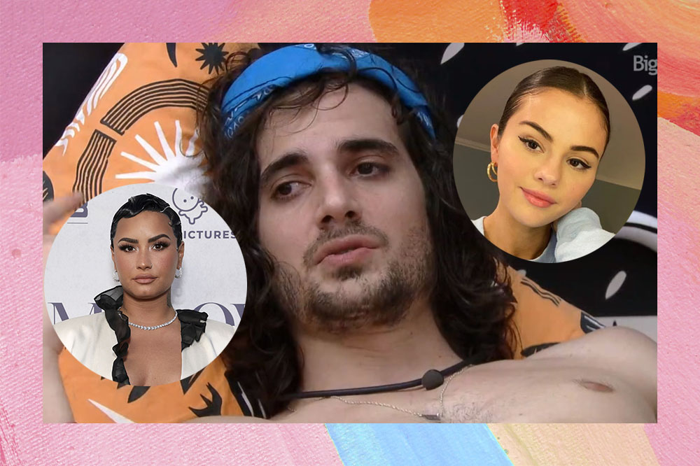 Fiuk deitado no BBB21 com círculo com a imagem da Demi Lovato e outro circulo com a imagem da Selena Gomez