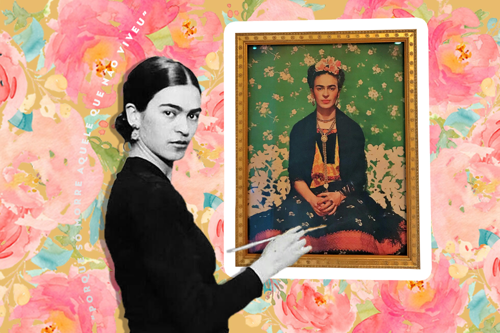 montagem com uma foto e um quadro com a imagem de Frida Kahlo