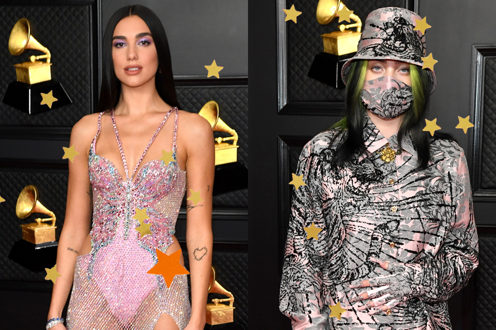 montagem mostra Dua Lipa e Billie Eilish no red carpet do Grammy 2021