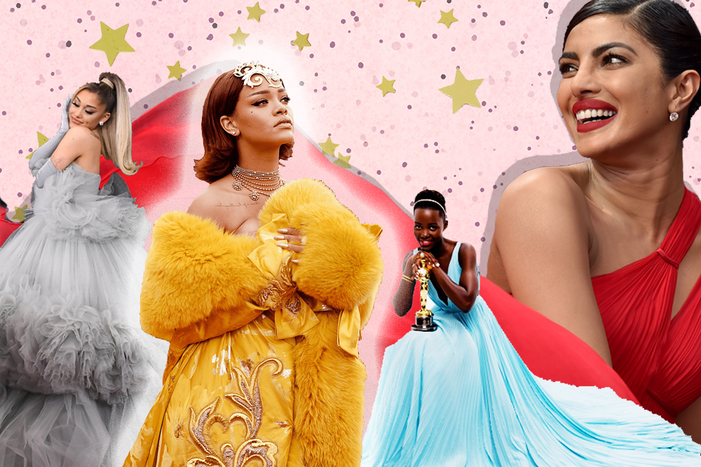 colagem com Ariana Grande, Rihanna, Lupita Nyongo e Pryanka Chopra, todas com vestidos de festa