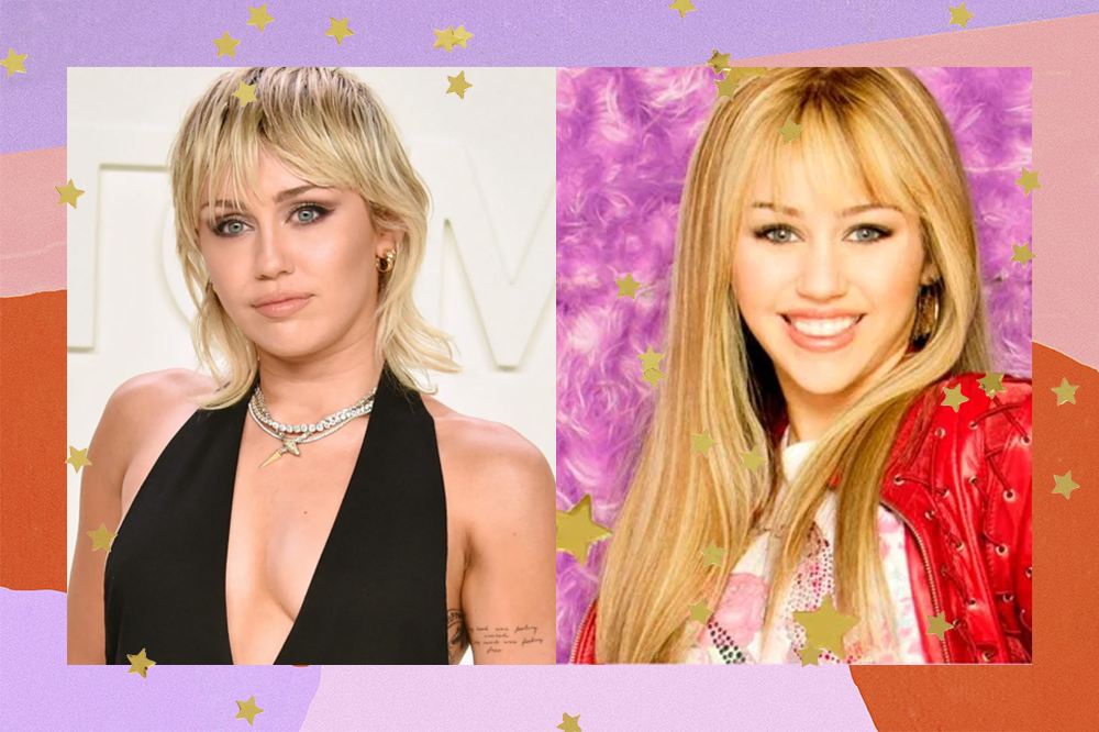 montagem com foto atual de Miley Cyrus de um lado e de Hannah Montana do outro