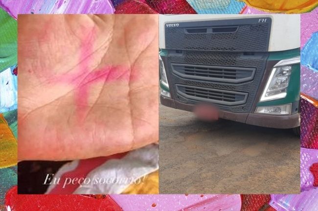montagem mostra, de um lado, a palma de uma mão com um X rosa pintado. De outro, a frente de um caminhão