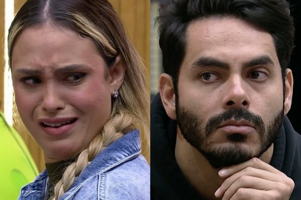 Montagem que mostra Sarah com cara de indignada e Rodolffo sério, com a mão no queixo, no BBB21