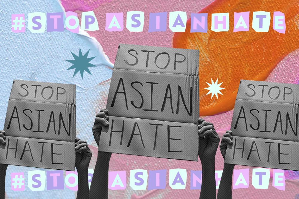 montagem com mãos segurando uma placa em que está escrito Stop Asian Hate