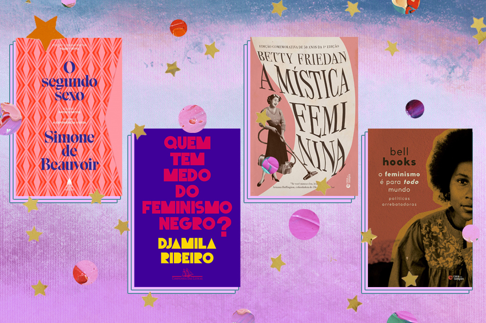 capas dos livros O Segundo Sexo, Quem Tem Medo do Feminismo Negro?, A Mística Feminina e O Feminismo é Para Todo Mundo: Políticas Arrebatadoras