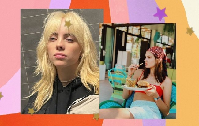 Montagem com Billie Eilish a esquerda exibindo o visual com o corte médio, a direita a atriz Camila Queiroz usando bandana e comendo hamburger e batata frita com seu corte médio.