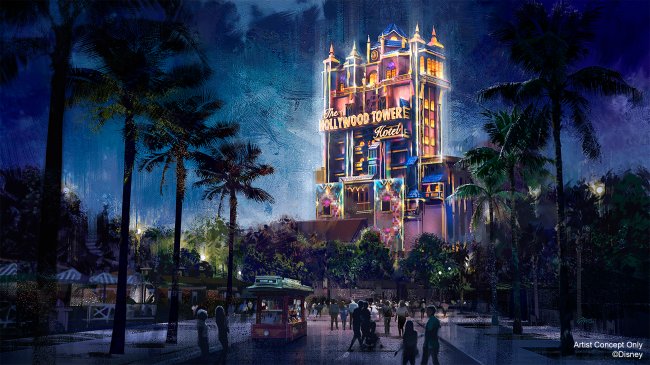 Disney mostra decoração do aniversário de 50 anos do Walt Disney World A Hollywood Tower of Terror, no Hollywood Studios, decorada com luzes neon, à noite, para festejar os 50 anos do Walt Disney World