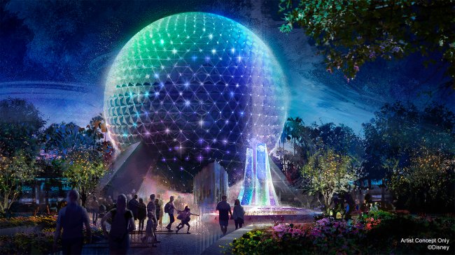 Disney mostra decoração do aniversário de 50 anos do Walt Disney World A famosa bola gigante do Epcot com luzes coloridas em homenagem aos 50 anos do Walt Disney World