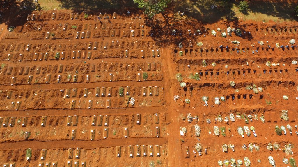 Foto mostrando a quantidade assustadora de túmulos que foram abertos para enterrar vítimas da COVID-19 em São Paulo