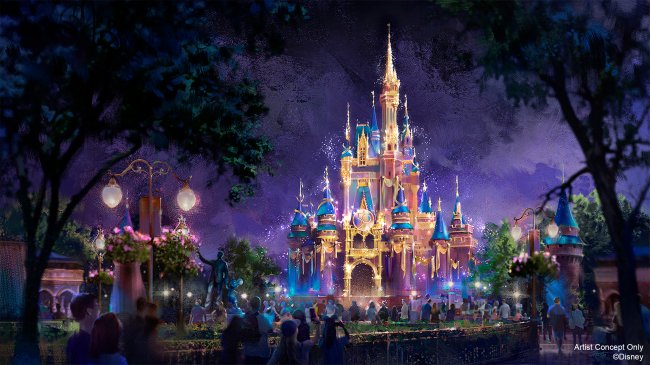 Disney mostra decoração do aniversário de 50 anos do Walt Disney World O Castelo da Cinderella decorado com luzes neon durante a noite, para celebrar os 50 anos do Walt Disney World