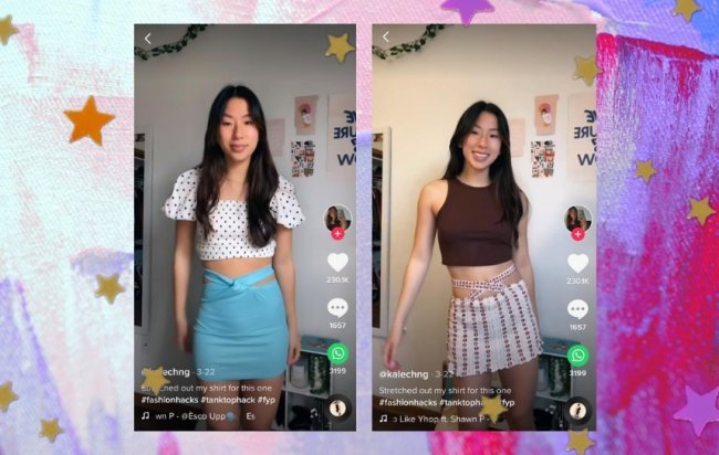Regata transformada em minissaia Montagem composta por dois prints do TikTok, do lado esquerdo temos uma jovem sorridente com um cropped branco com bolinhas pretas e regata transformada em minissaia azul, do lado direito a mesma jovem ainda sorri, mas dessa vez, usa regata cropped marrom com regatta transformada em minissaia xadrez.