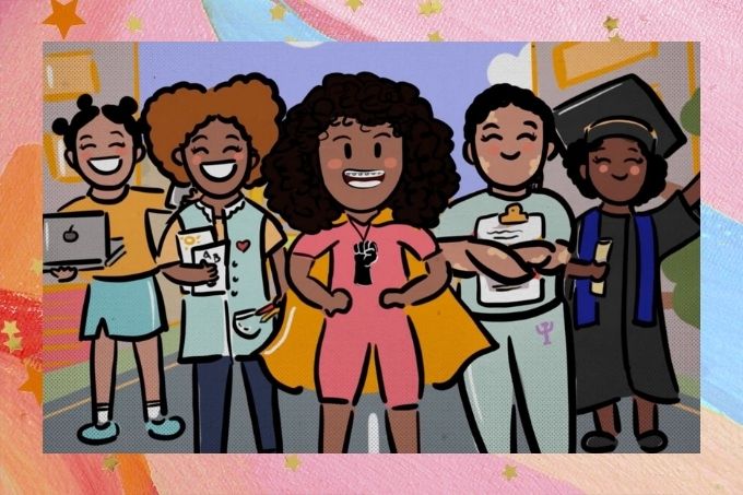 A imagem mostra cinco personagens de animação "Racismo e Bullying: Como proteger jovens negras?”