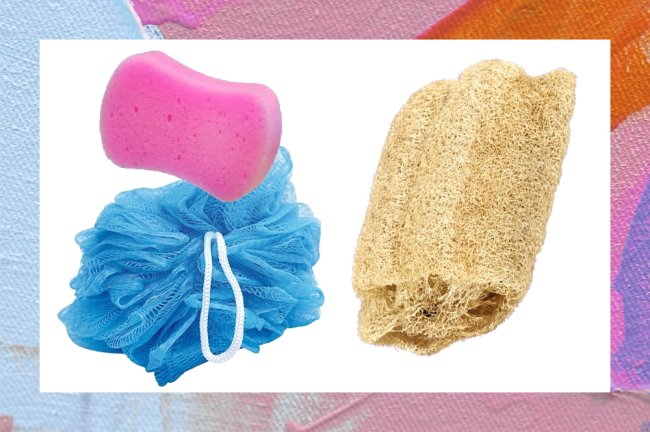 Já tomou hoje? Dez curiosidades sobre o banho Imagem mostrando três diferentes tipos de buchas de banho: duas coloridas e nada ecológicas, e uma vegetal e sustentável