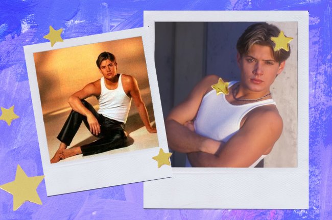 O ator Jensen Ackles, de Supernatural, bem novinho, posando para o editorial de blusa regata branca e calça de couro cigarrete