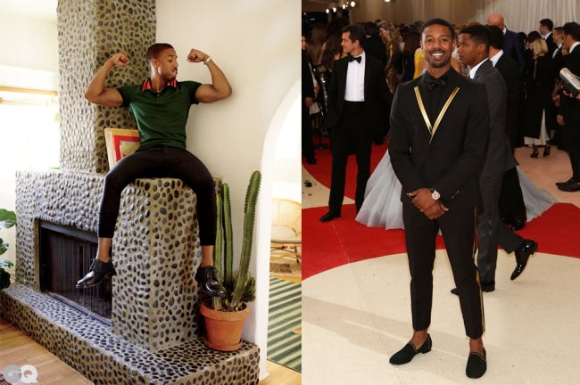 Michael B. Jordan usando calça cigarrete; à esquerda, ele está sentado sobre uma lareira, com os braços fazendo muque. À direita, ele posa todo de preto no tapete vermelho do MET Gala de 2016