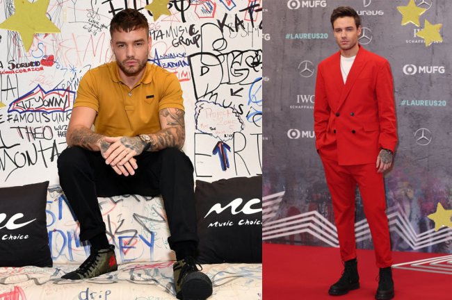 Liam Payne em fotos usando calça cigarrete; na primeira, ela é preta e ele está sentado em um bloco de cimento todo grafitado. Na segunda, ela é vermelha e ele está em um tapete vermelho