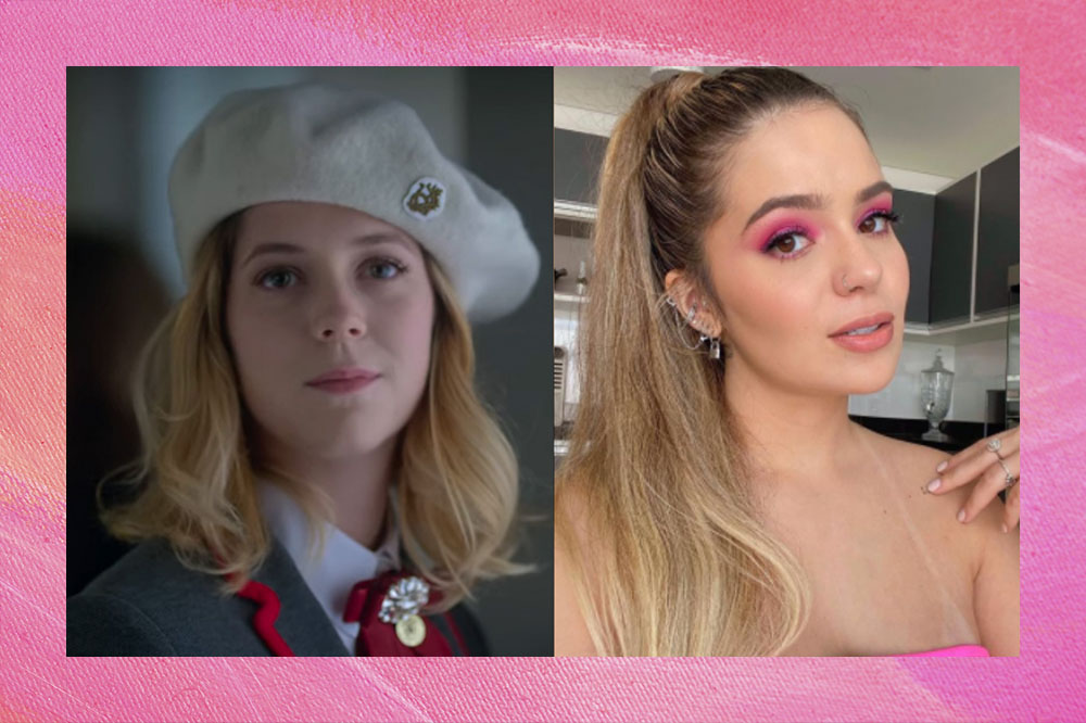 Montagem com duas fotos; na primeira Cayetana de Elite usando uma boina e uniforme de Las Encinas; na segunda uma selfie de Viih Tube com o cabelo preso e maquiagem rosa