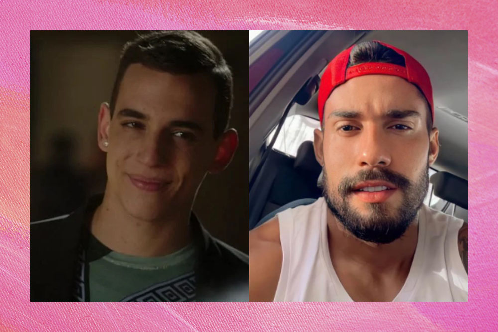 christian e arcrebiano Montagem com duas fotos; na primeira Christian com camiseta e verde clara e casaco escuro, usando brinco e sorrindo levemente em cena de Elite; na segunda uma selfie de Arcrebiano com barba, boné vermelho e regata branca